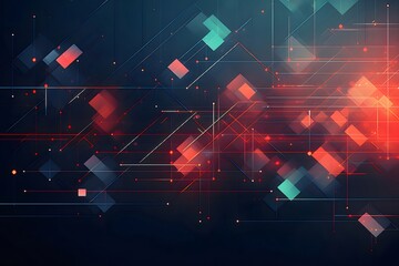 Poster - 抽象的な幾何学模様 赤と青の正方形と線 デジタル技術の未来的な背景 鮮やかな色とダイナミックな構造