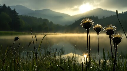Poster - Beautiful morning landscape featuring lake wildflowers and distant mountains
