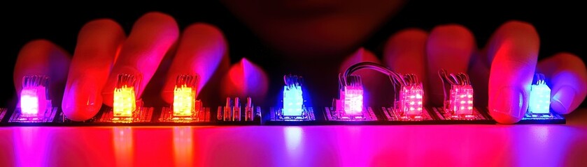 Poster - Human hands interacting with illuminated small electronic components on a board