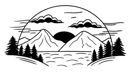 Poster - scenic mountain range with lake and trees in a stylized black and white landscape illustration creat