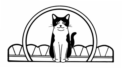 Poster - Illustration of a tuxedo cat sitting in front of a window with an arch and decorative panels created with generated ai