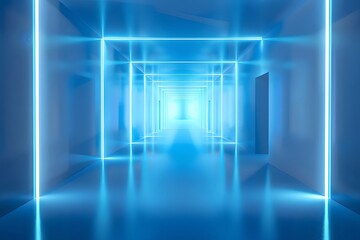 Poster - 青いネオンライトが輝く抽象的な未来的なトンネル 光沢のある床の背景に幾何学的なデザインと空間的な錯覚が特徴