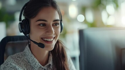 Poster - Smiling woman wearing a headset working on a computer in an office. The woman is likely working as a customer service representative. Her demeanor is calm and collected, ready to assist.