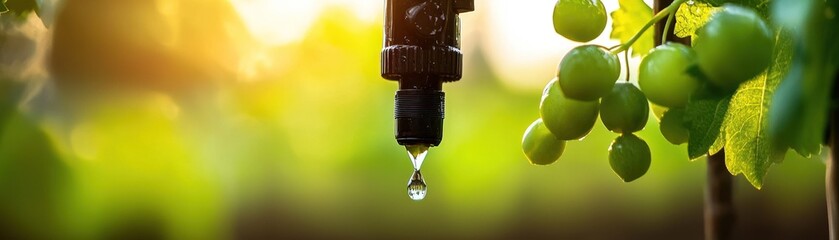 Poster - A single water droplet falling near some green grapes on a vine