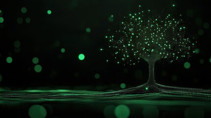 Poster - A Digital Tree Illuminated With Glowing Green Particles