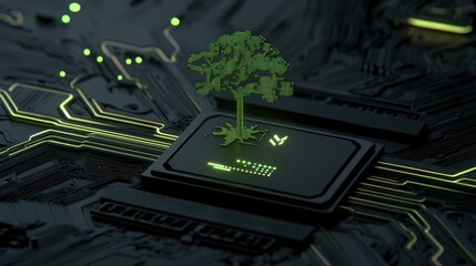 Poster - A green digital tree growing from a computer chip structure