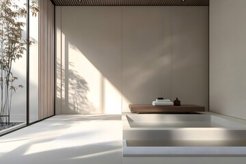 Aufkleber - 自然光が差し込むミニマルなインテリア 木のアクセントと静寂な空間