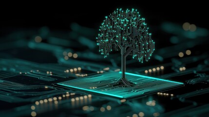 Poster - A digital tree made of circuit board lines and lights