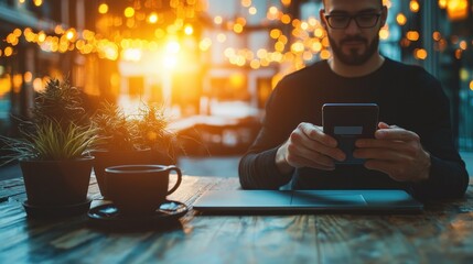 Aufkleber - A man using a smartphone at a cafe table near plants