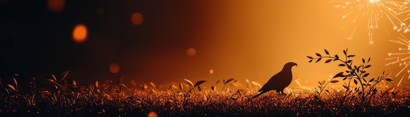Poster - Silhouette of a bird stands in a grassy field at sunset