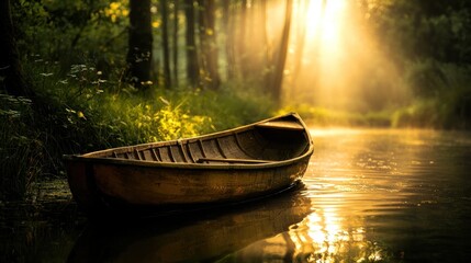 Poster - A small wooden boat floating peacefully on a calm river