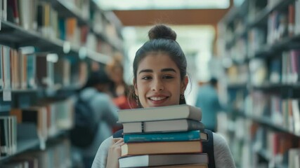 Poster - This photo shows a young woman with a bun hairstyle smiling and holding a stack of books in the library. Shelves filled with books are visible in the background. Other people are walking nearby.