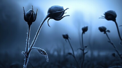 Poster - Frozen plant stems with icy frost in a cool bluish environment