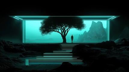 Poster - Silhouette of a person before tree and window of mountain views