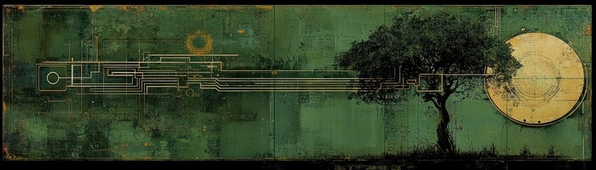 Poster - A digital artwork of tree and circuitry elements