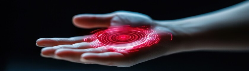 Poster - A human hand holding a futuristic digital interface glowing red