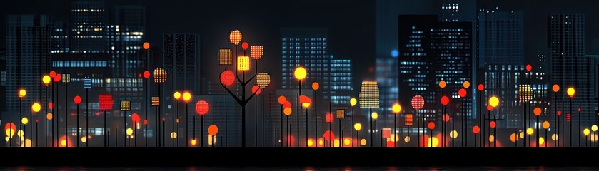 Aufkleber - An illuminated urban skyline with stylized trees and lights at night