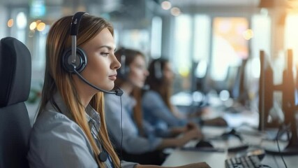 Poster - A customer service professional wearing a headset assists customers, working in a busy, modern office. This demonstrates professional communication and customer support.