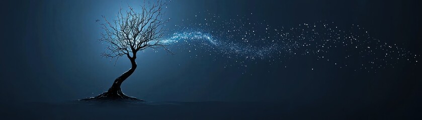 Poster - A lonely tree releasing sparkling stardust across the dark background