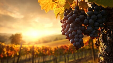 Poster - A close up view of ripe grapes in a vineyard