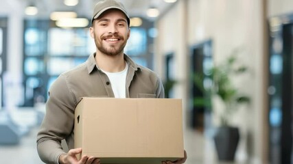 Poster - A smiling man in a cap and jacket is holding a large cardboard box inside what appears to be a modern office lobby, suggesting he is a delivery person making a delivery.