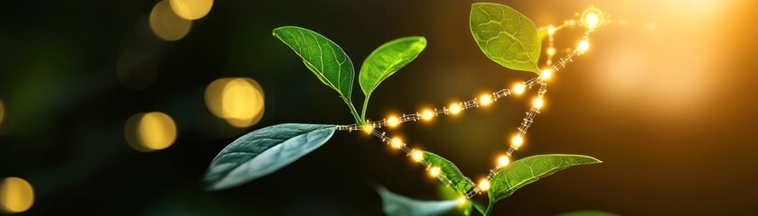 Poster - Green leaves with glowing elements against a dark background