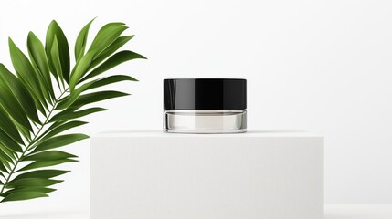 Poster - Cream jar displayed on white block next to green leaves