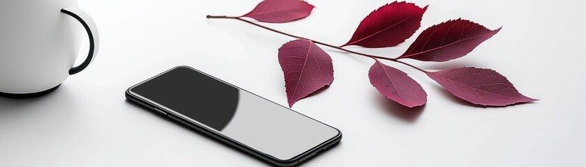 Poster - Smartphone and leaves beside a white teapot on a table surface