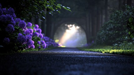 Poster - A pathway through a forest with blooming purple flowers on sides
