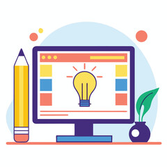 Fototapete - Bright Idea on Computer Screen with Pencil and Plant Pot Illustration