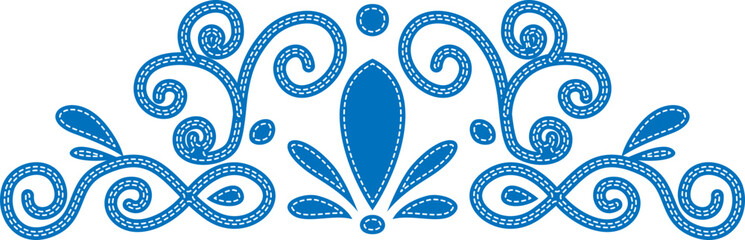 Poster - Blue embroidered floral swirl ornament with stitched contour. Decorative vector template for folk art pattern. Design for banner, greeting, card, invitation.