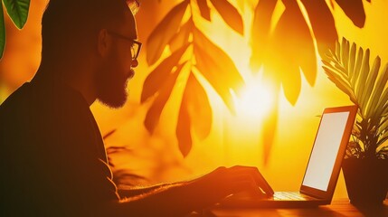 Poster - Man using a laptop with a bright warm sunlight in the background