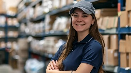 Poster - A smiling young woman in work clothes stands in a warehouse with shelves of packages. She exudes confidence and professionalism in her work environment.