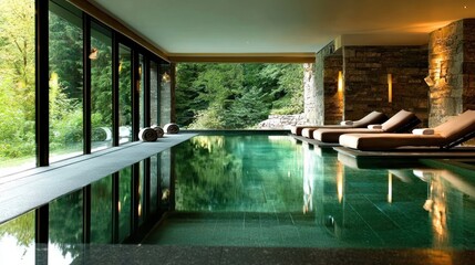 Poster - An indoor swimming pool with outdoor views and relaxation areas