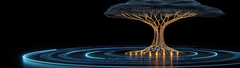 Poster - A glowing digital tree stands in front of a dark background