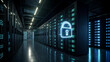 © Showrab - Futuristic isometric data center with glowing servers and cybersecurity lock icon in dark mode vector style