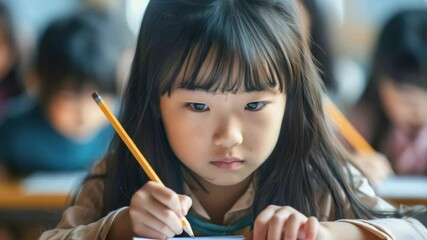 Aufkleber - A young girl with dark hair and bangs is intently focused while writing with a pencil. She's in a classroom setting, surrounded by classmates who are also engaged in their work.