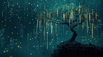 Poster - A glowing tree overlooks a city shrouded in darkness