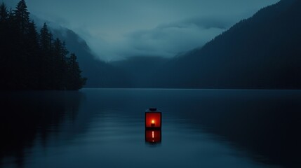 Aufkleber - A glowing lantern floating serenely on a tranquil mountain lake