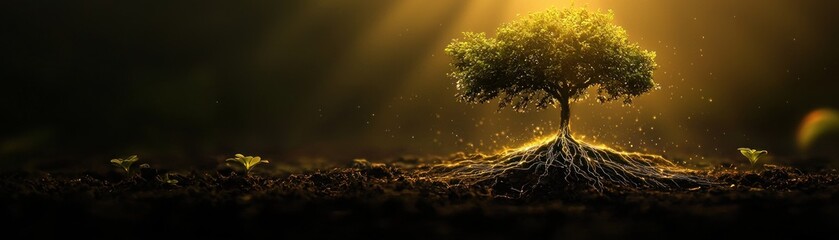 Poster - A solitary tree with its roots emerging in the golden light