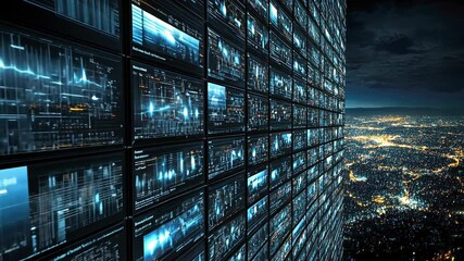 Poster - Vibrant city lights shine against a backdrop of towering digital displays, showcasing data and technology in a modern urban environment
