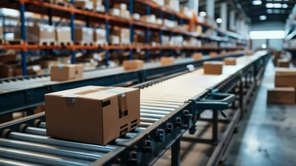 Poster - The image showcases packages on a conveyor belt in a vast warehouse, with shelves stocked with goods stretching into the distance, emphasizing logistic distribution, and supply chain.