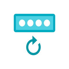 Aufkleber - a blue rectangle with rounded corners containing four white circles and a circular arrow below it