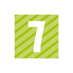 Poster - White number seven on a green striped square background for educational or decorative purposes clearly visible