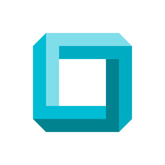 Poster - a cyan impossible cube with a white square in the center creating an optical illusion on a white bac