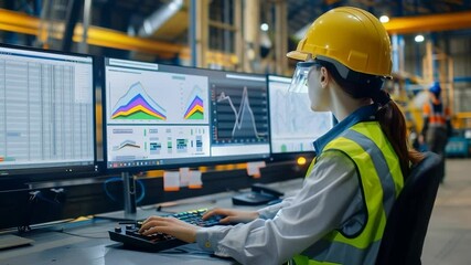 Poster - female industrial worker wearing safety equipment monitors computer screens with analytics and chart