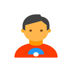 Poster - Illustration of a person with orange skin, dark hair, and a red shirt with a blue and white design o