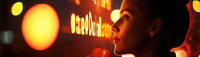 Aufkleber - A woman is looking towards glowing illuminated information display