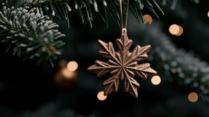 Poster - A snowflake ornament hangs on a decorated evergreen branch elegantly