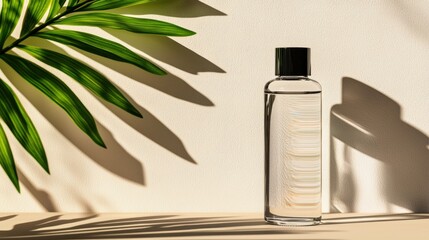 Poster - A glass bottle of clear liquid sits with green leaf shadows